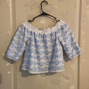 white and blue ruffle blouse